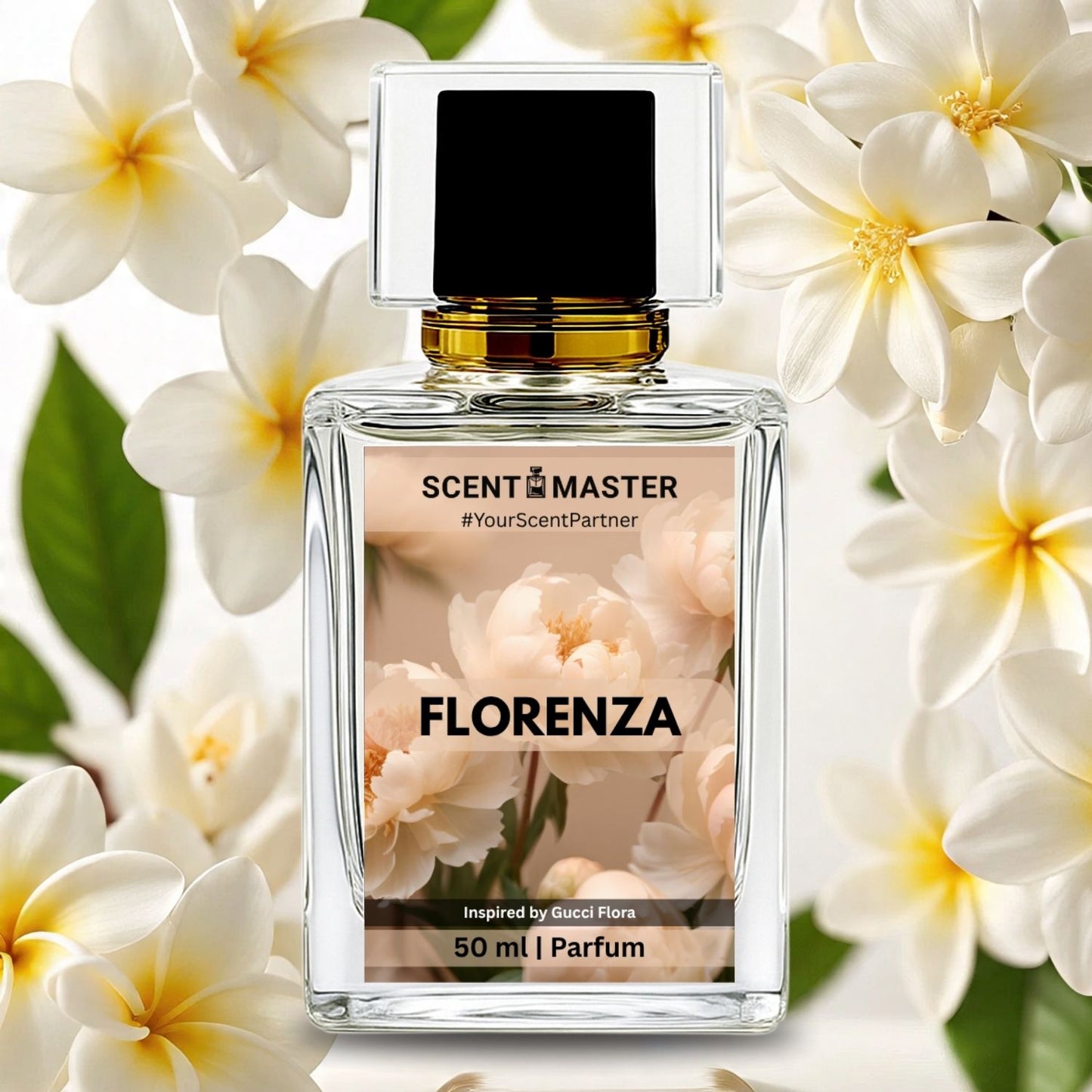 Perfume bottle labeled 'SCENT MASTER Florenza' surrounded by white flowers
