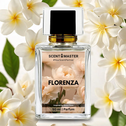 Perfume bottle labeled 'SCENT MASTER Florenza' surrounded by white flowers