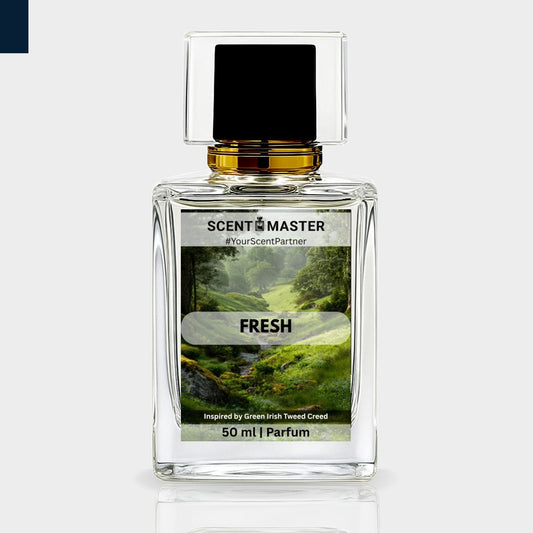 Perfume bottle labeled 'Fresh' by Scent Master on a light gray background