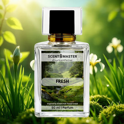 Perfume bottle labeled 'Scent Master Fresh' in a natural setting with greenery and flowers.