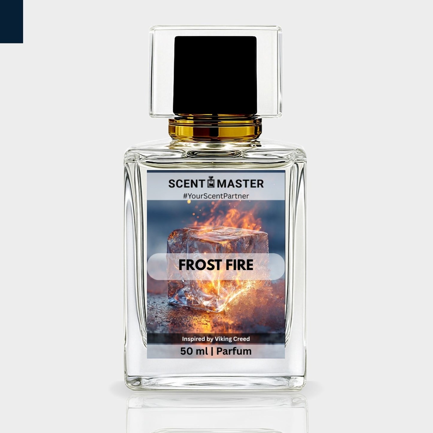 Perfume bottle labeled 'Frost Fire' by Scent Master on a light gray background