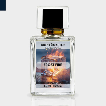 Perfume bottle labeled 'Frost Fire' by Scent Master on a light gray background