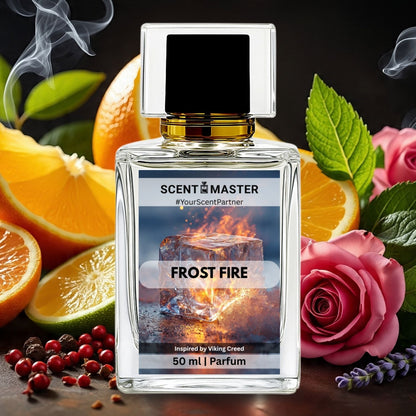 Scent Master Frost Fire perfume bottle with oranges, roses, and leaves on a dark background