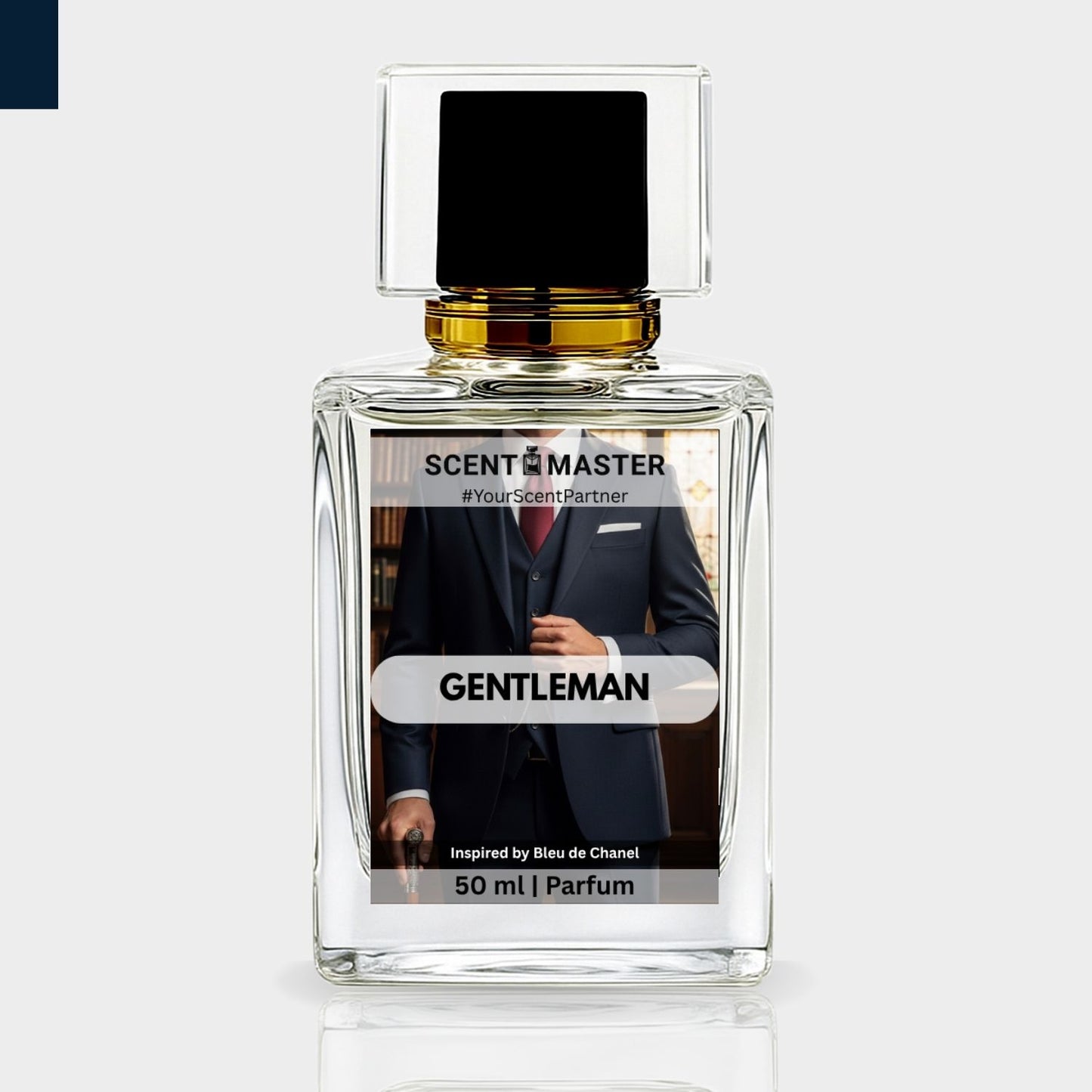 Perfume bottle labeled 'Scent Master Gentleman' on a light gray background