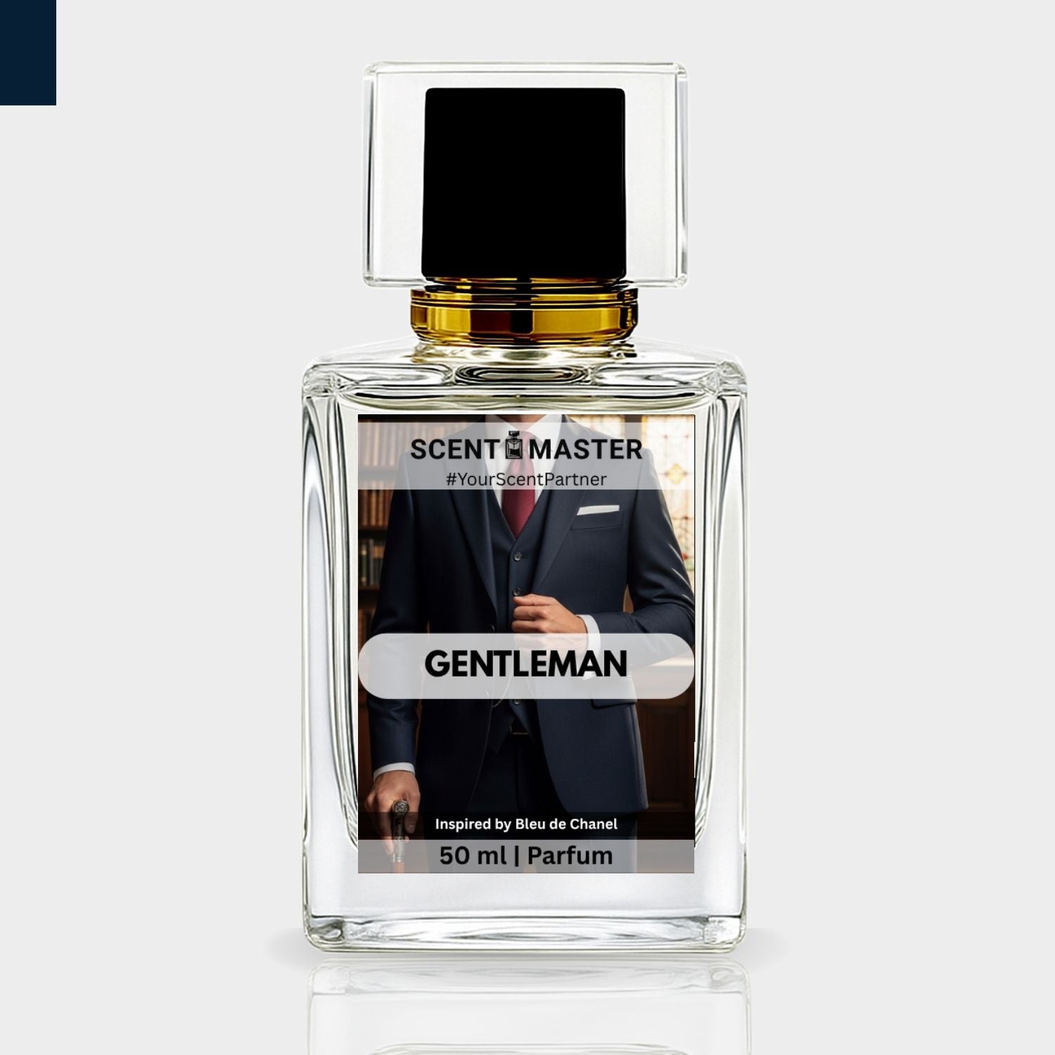 Perfume bottle labeled 'Scent Master Gentleman' on a light gray background