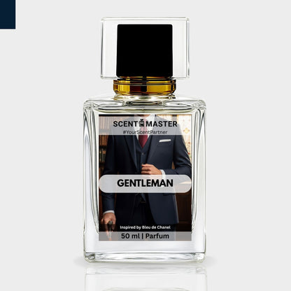 Perfume bottle labeled 'Scent Master Gentleman' on a light gray background
