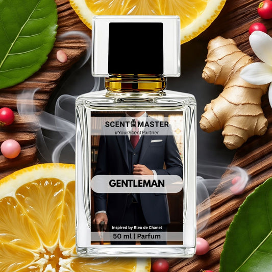 Perfume bottle labeled 'Scent Master Gentleman' surrounded by fruits and spices on a wooden surface.