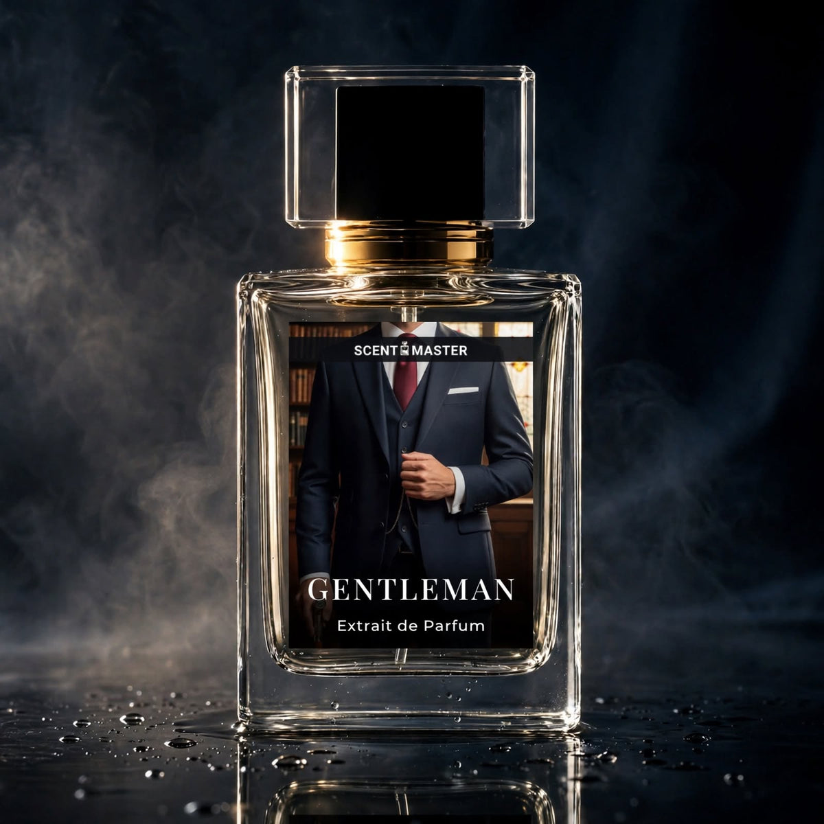 Cinematic editorial shot of Gentleman by Scent Master perfume bottle