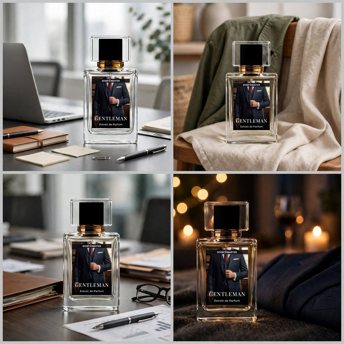 Gentleman by Scent Master occasion split layout showing office, daily, business, and evening wear