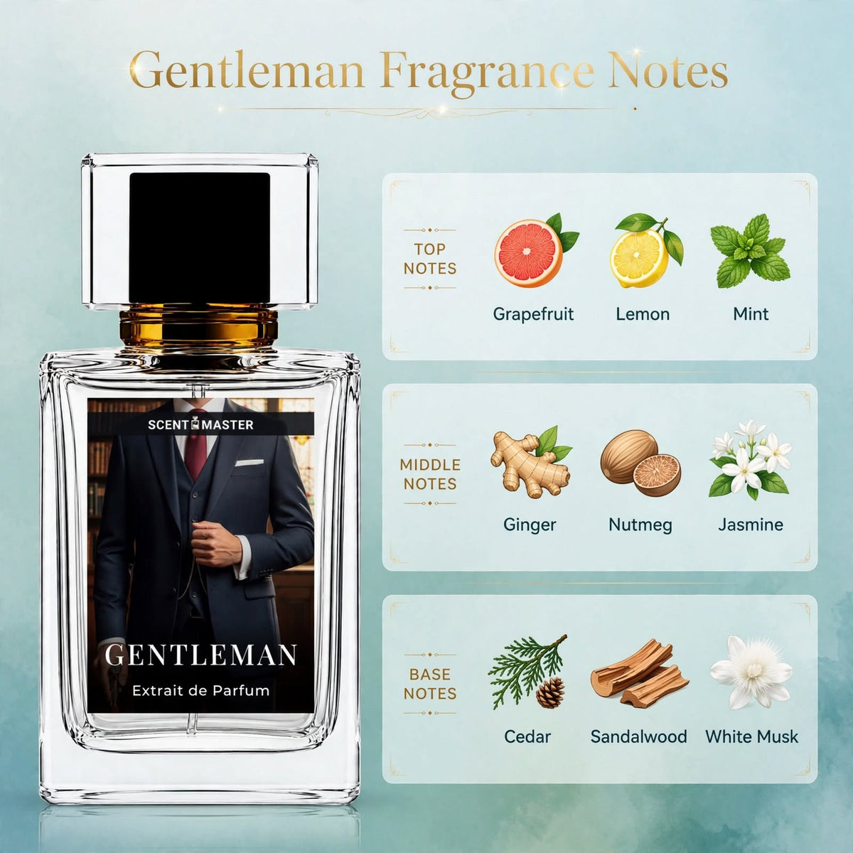 Gentleman by Scent Master fragrance notes infographic showing top, middle, and base notes