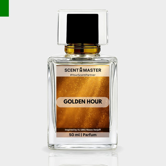 Perfume bottle labeled 'Golden Hour' by Scent Master on a light gray background