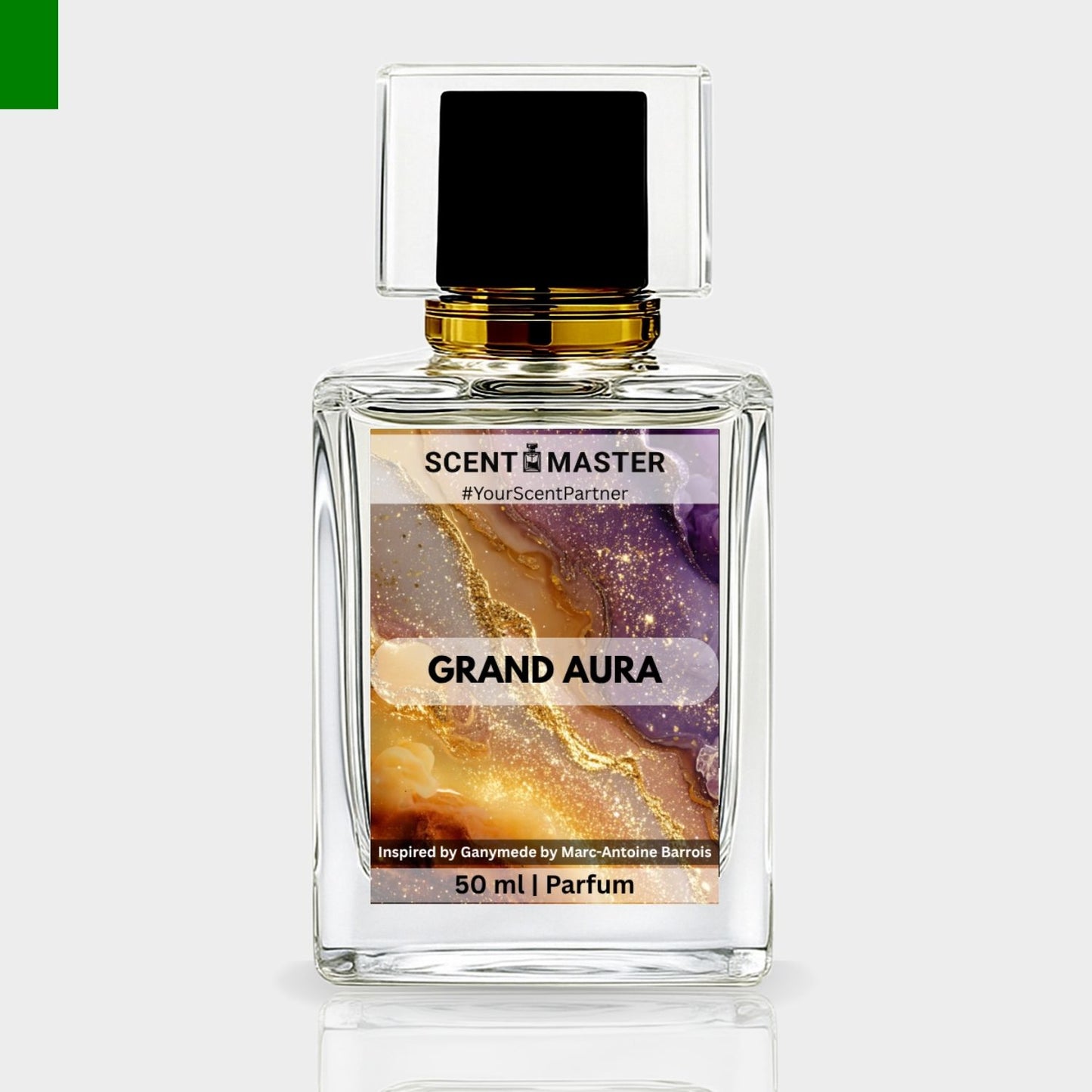 Perfume bottle labeled 'Grand Aura' by Scent Master on a light gray background