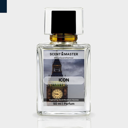 Perfume bottle labeled 'ICON' by Scent Master on a light gray background