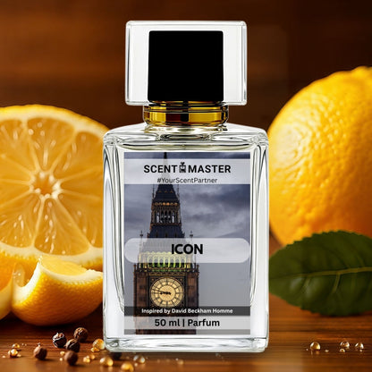Perfume bottle labeled 'Scent Master Icon' with lemons and a clock tower design on a wooden surface.
