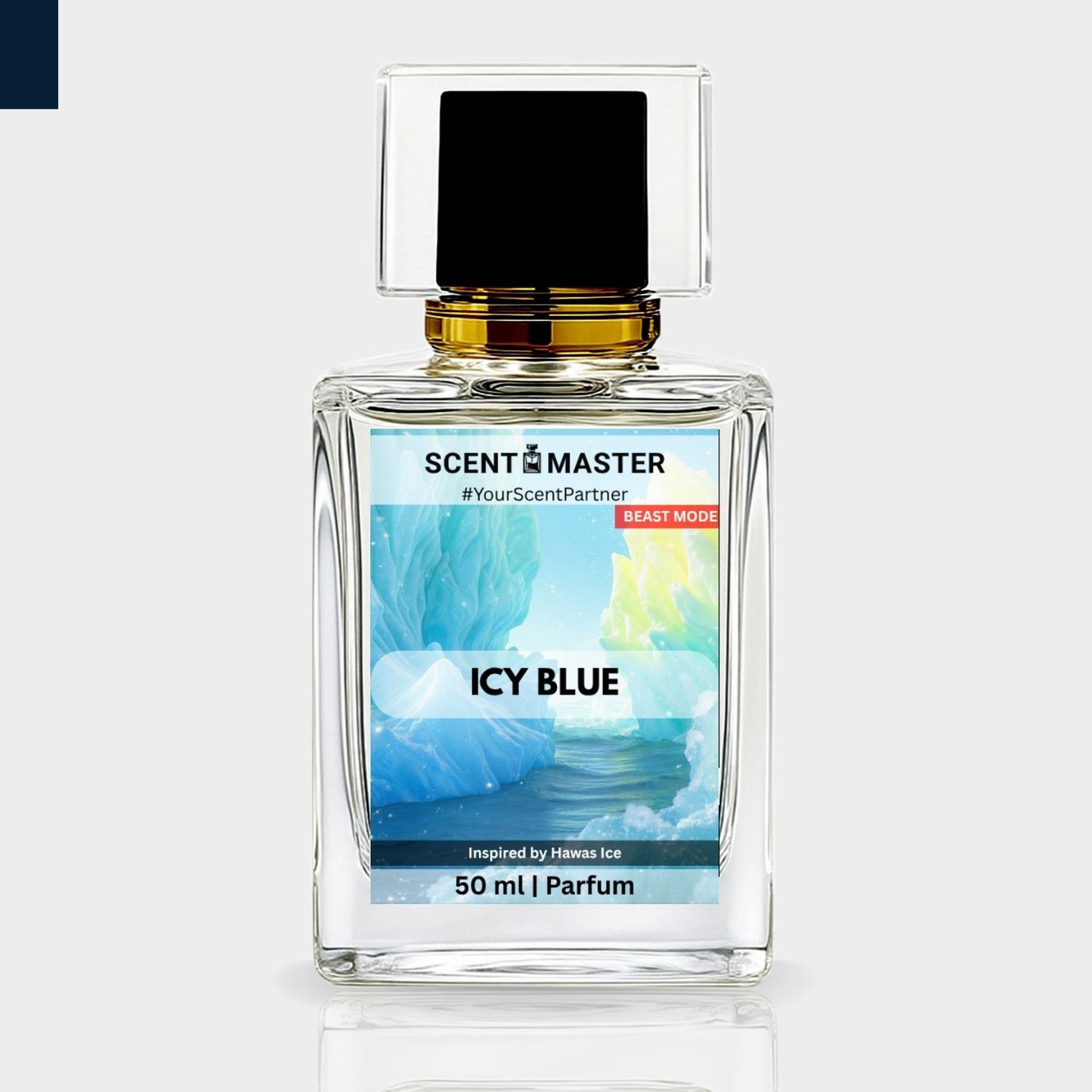 Perfume bottle labeled 'Icy Blue' by Scent Master on a light gray background