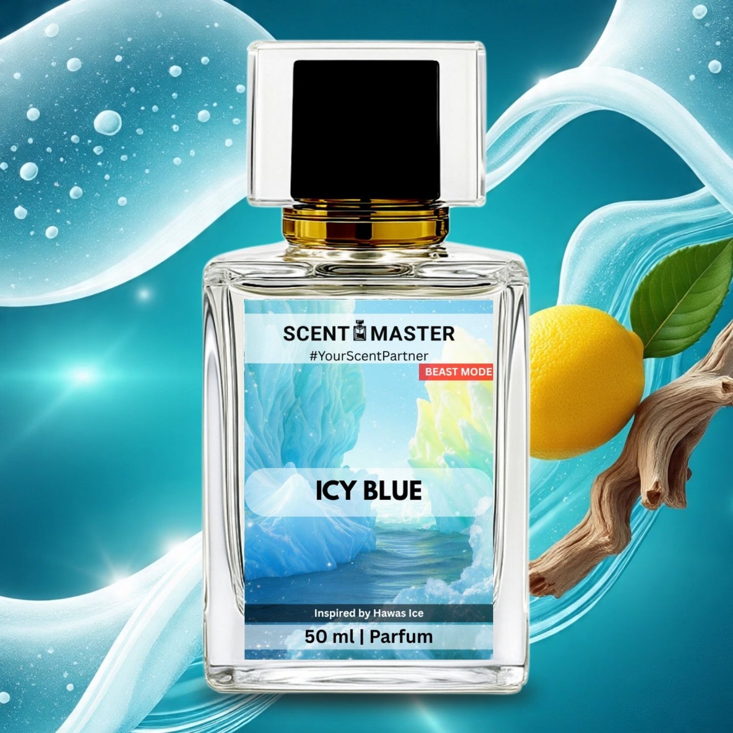 Perfume bottle labeled 'Scent Master Icy Blue' with a lemon and leaf on a blue background