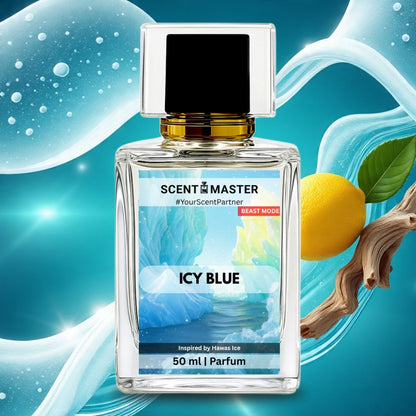 Perfume bottle labeled 'Scent Master Icy Blue' with a lemon and leaf on a blue background