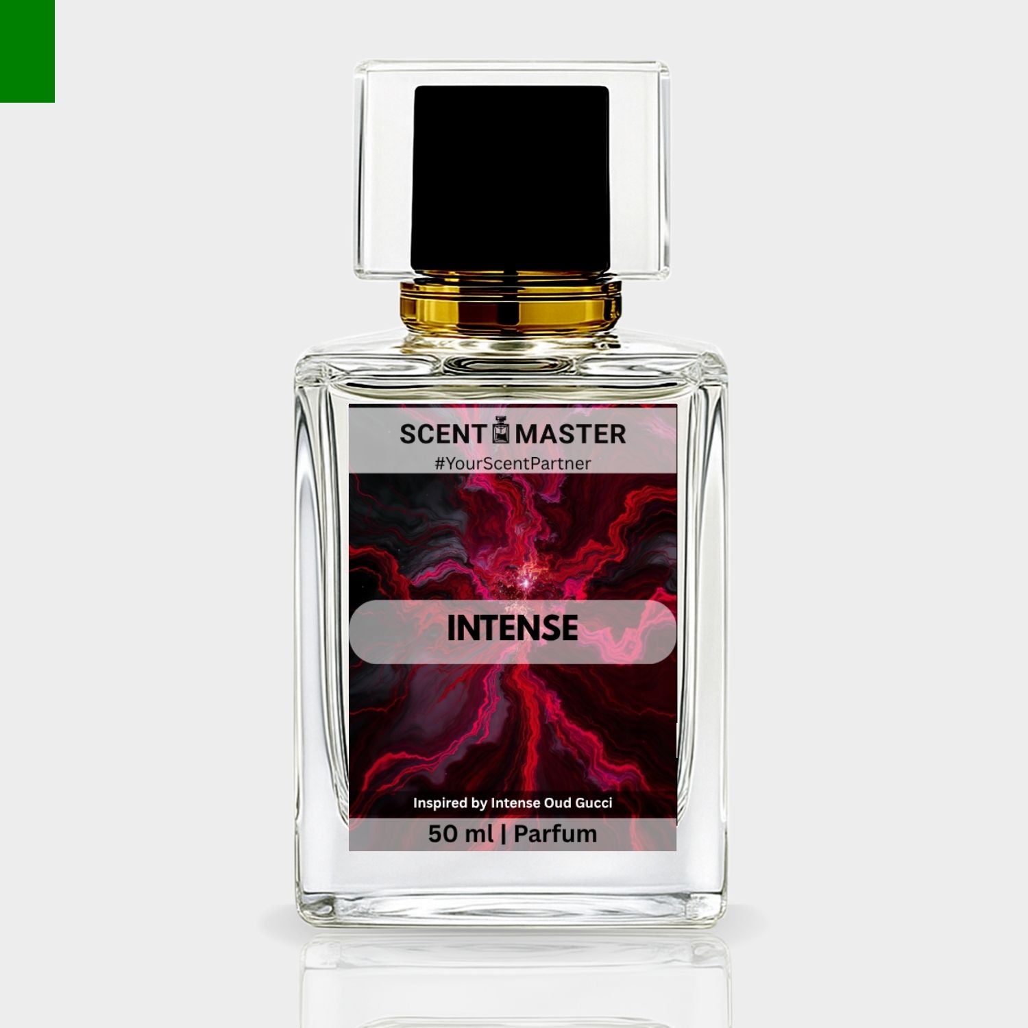 Perfume bottle labeled 'Scent Master Intense' on a light gray background