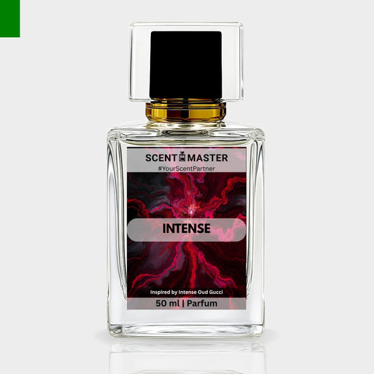 Perfume bottle labeled 'Scent Master Intense' on a light gray background
