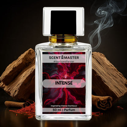 Perfume bottle labeled 'Scent Master' with cinnamon sticks and smoke on a dark background