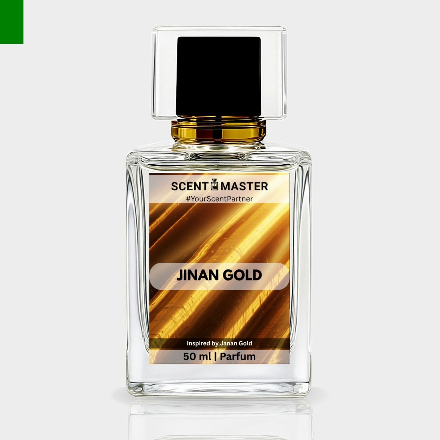 Perfume bottle labeled 'Jinan Gold' by Scent Master on a light gray background