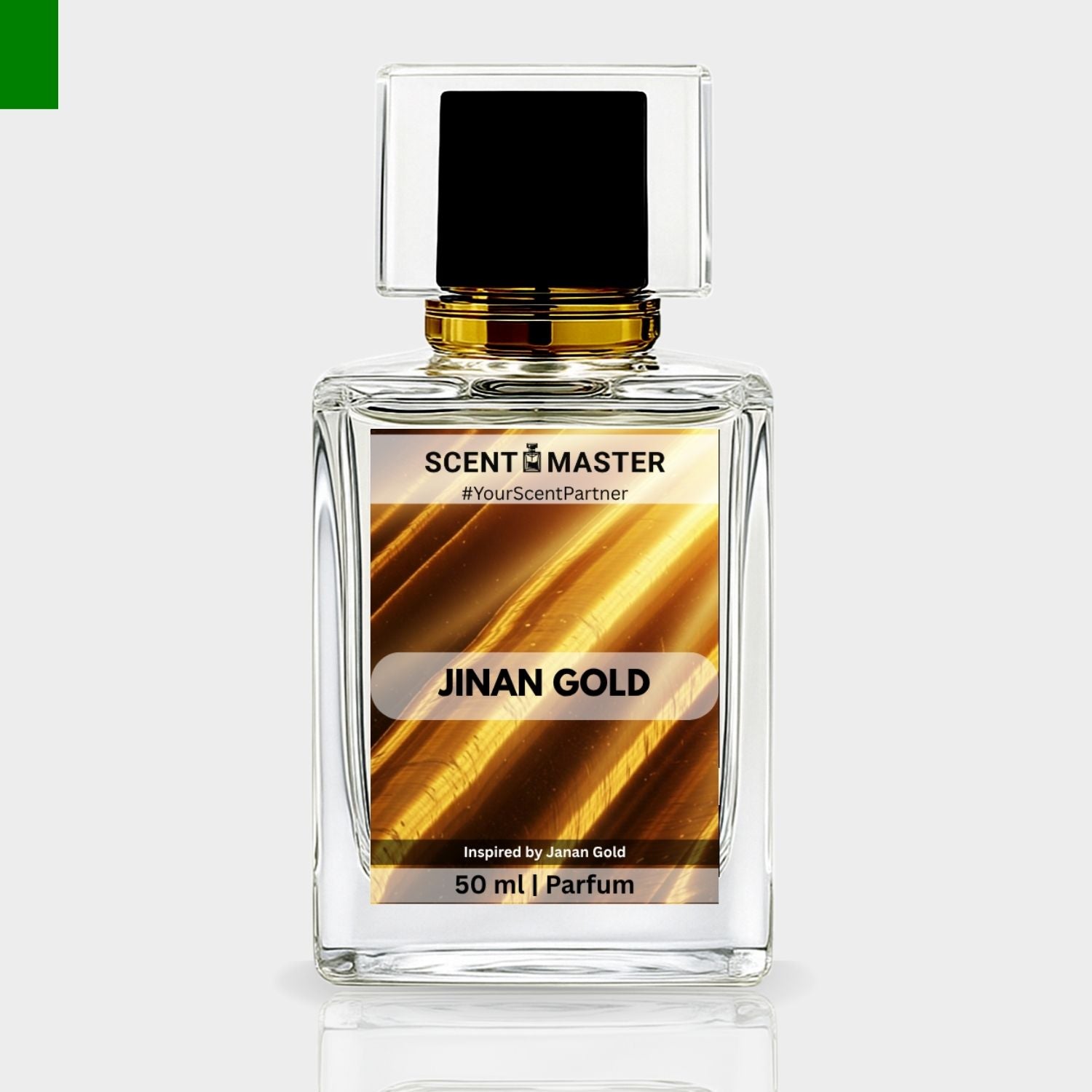 Perfume bottle labeled 'Jinan Gold' by Scent Master on a light gray background
