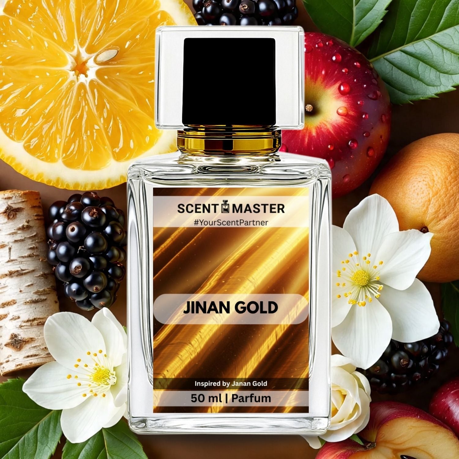 Perfume bottle labeled 'Jinan Gold' surrounded by fruits and flowers