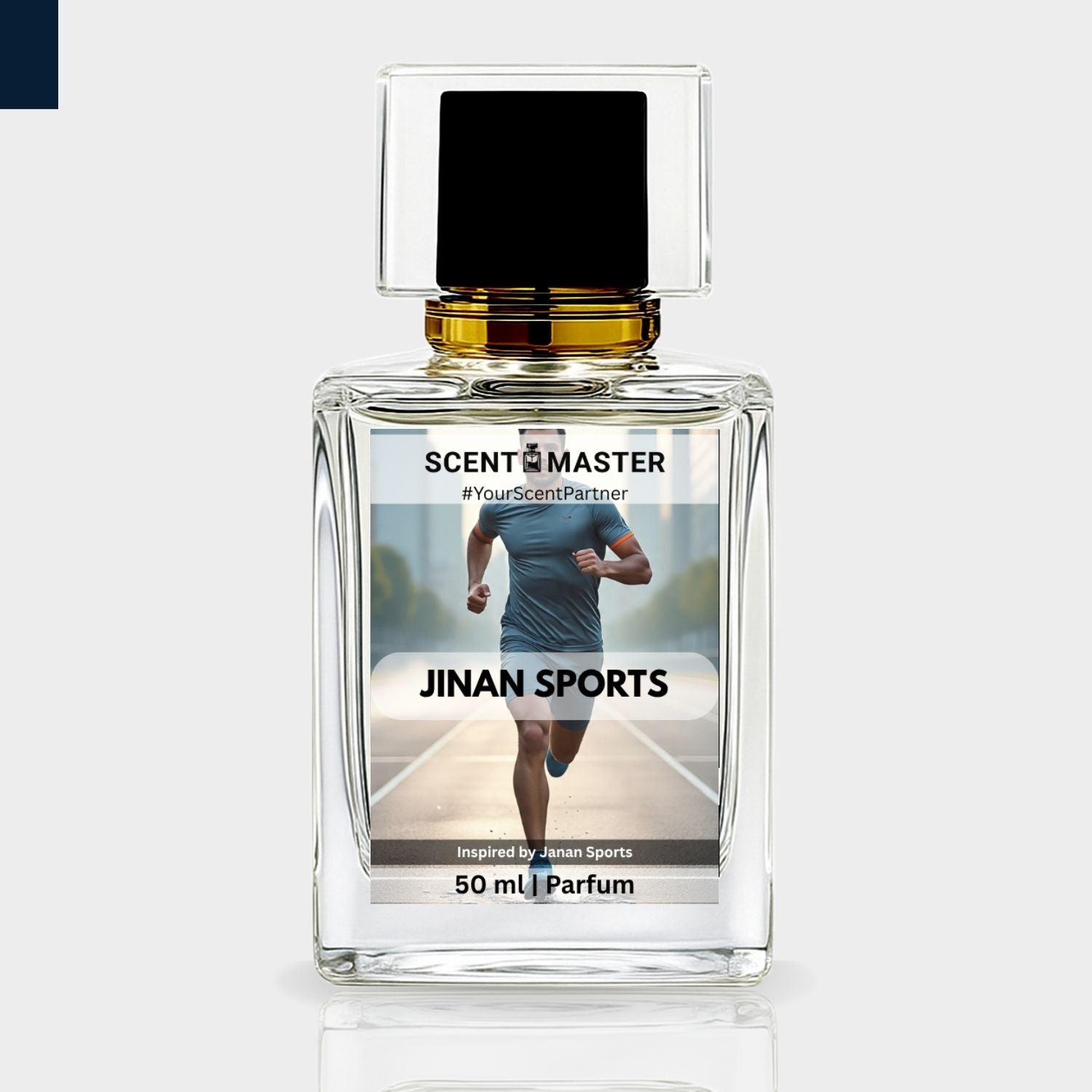 Perfume bottle labeled 'Jinan Sports' with a runner on the label against a white background