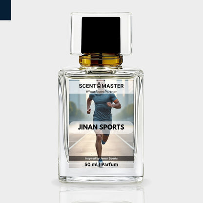 Perfume bottle labeled 'Jinan Sports' with a runner on the label against a white background