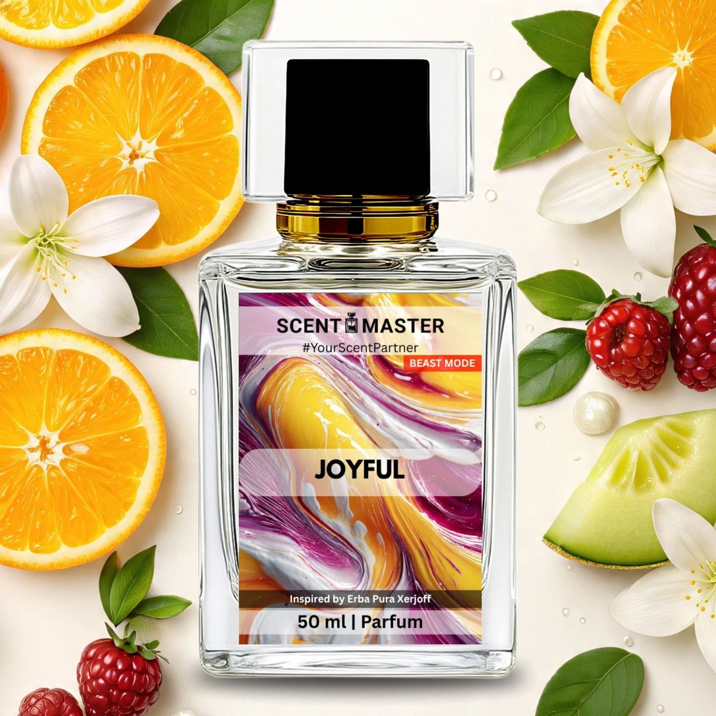 Perfume bottle labeled 'Joyful' by Scent Master with fruits and flowers on a white background
