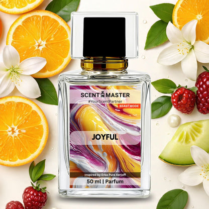 Perfume bottle labeled 'Joyful' by Scent Master with fruits and flowers on a white background