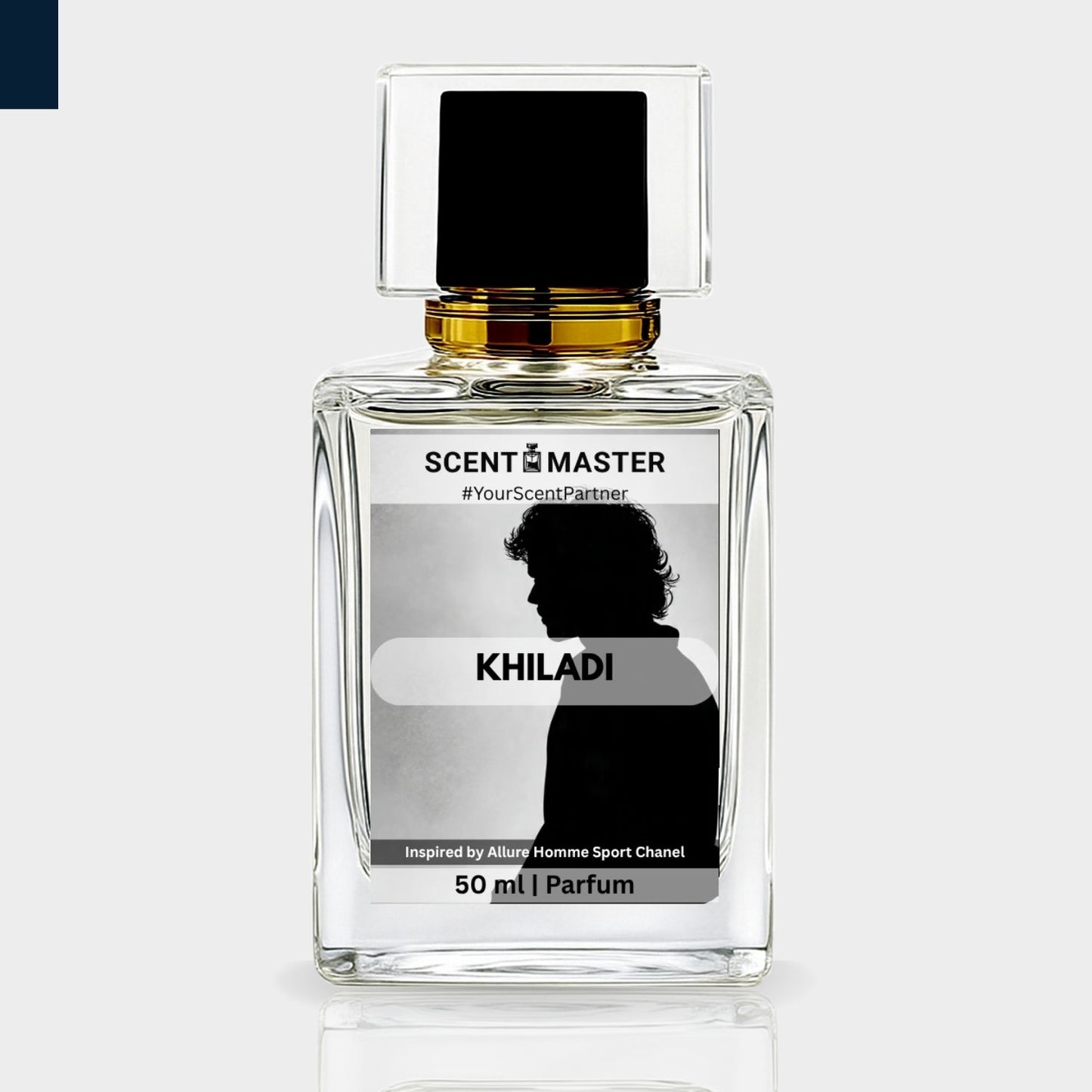 Perfume bottle labeled 'Khiladi' by Scent Master on a light gray background