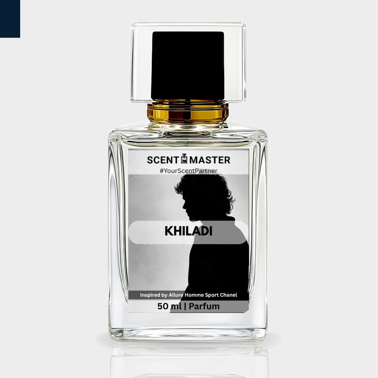 Perfume bottle labeled 'Khiladi' by Scent Master on a light gray background
