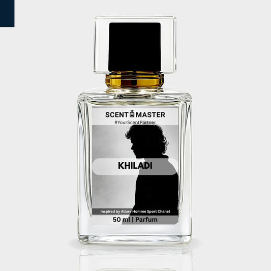 Perfume bottle labeled 'Khiladi' by Scent Master on a light gray background