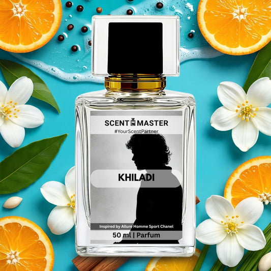 Parfum bottle labeled 'Khiladi' by 'Scent Master' on a blue background with oranges and flowers.