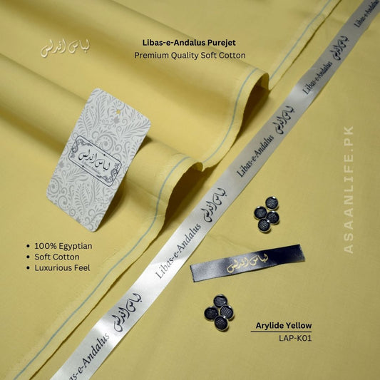 Libas-e-Andalus Purejet Premium Quality Soft Cotton Un-stitched Suit for Men | Arylide Yellow | LAP-K01