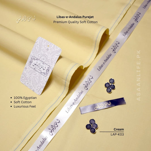 Libas-e-Andalus Purejet Premium Quality Soft Cotton Un-stitched Suit for Men | Cream | LAP-K03