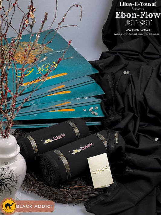 Libas-e-Yousaf EBON-FLOW JET-SET Premium Quality Wash and Wear Unstitched Suit for Men - Jet Black | BCR-05