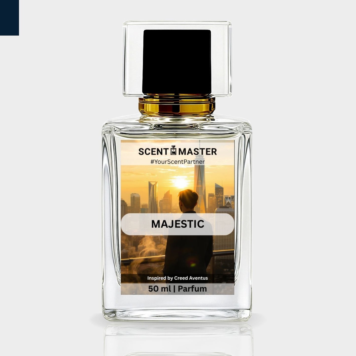 Perfume bottle labeled 'Majestic' by Scent Master on a light gray background