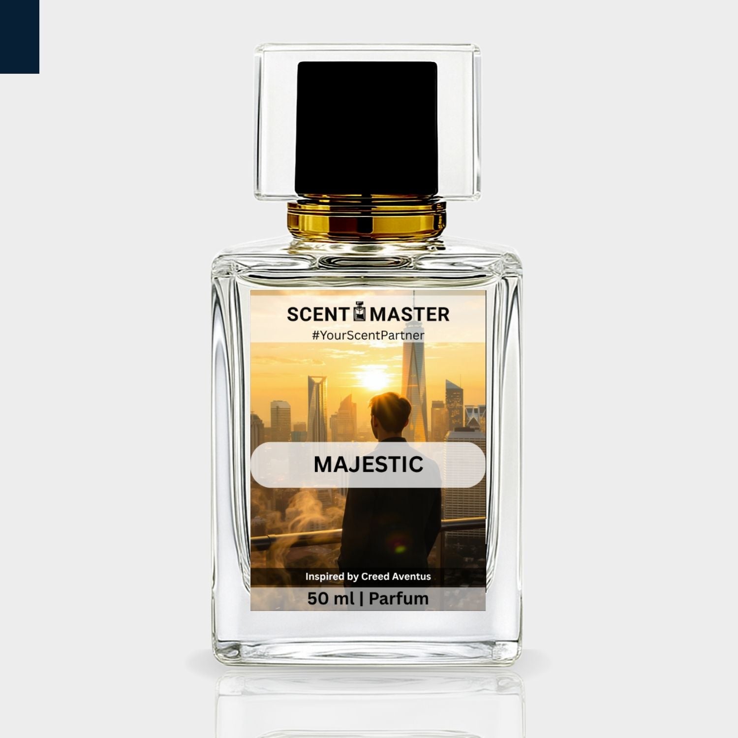 Perfume bottle labeled 'Majestic' by Scent Master on a light gray background