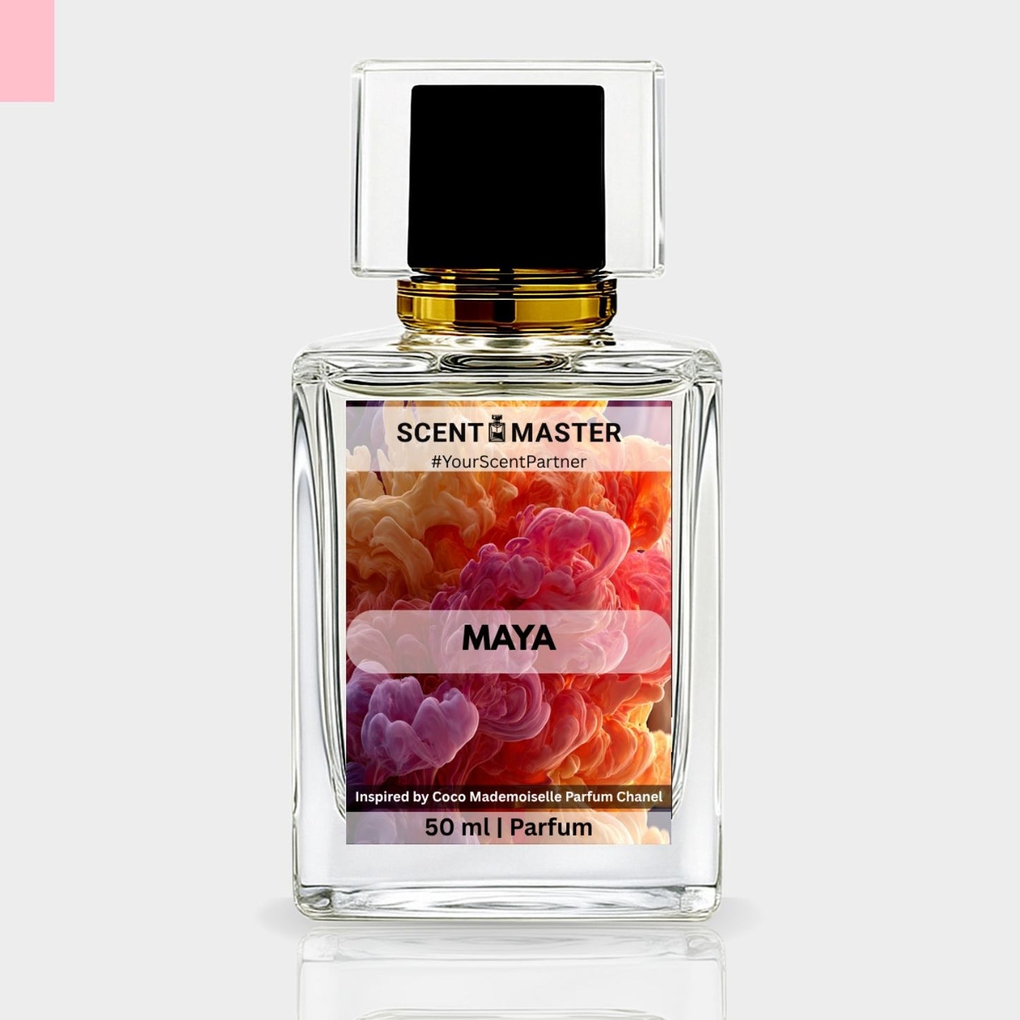 Perfume bottle labeled 'Scent Master Maya' inspired by Coco Mademoiselle on a light gray background