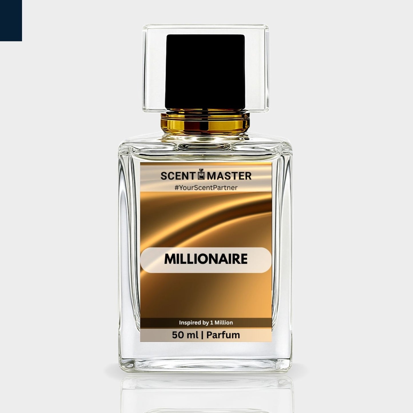 Perfume bottle labeled 'Millionaire' by Scent Master on a light gray background