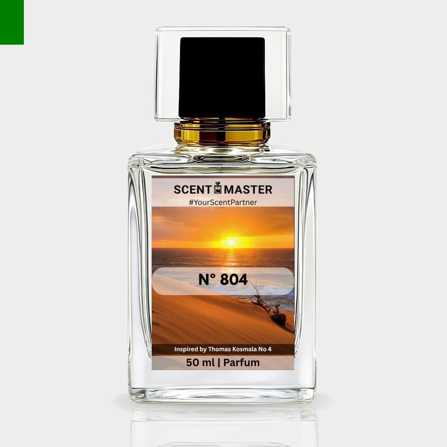 Perfume bottle labeled 'No 804 by Scent Master' with a sunset design on the label