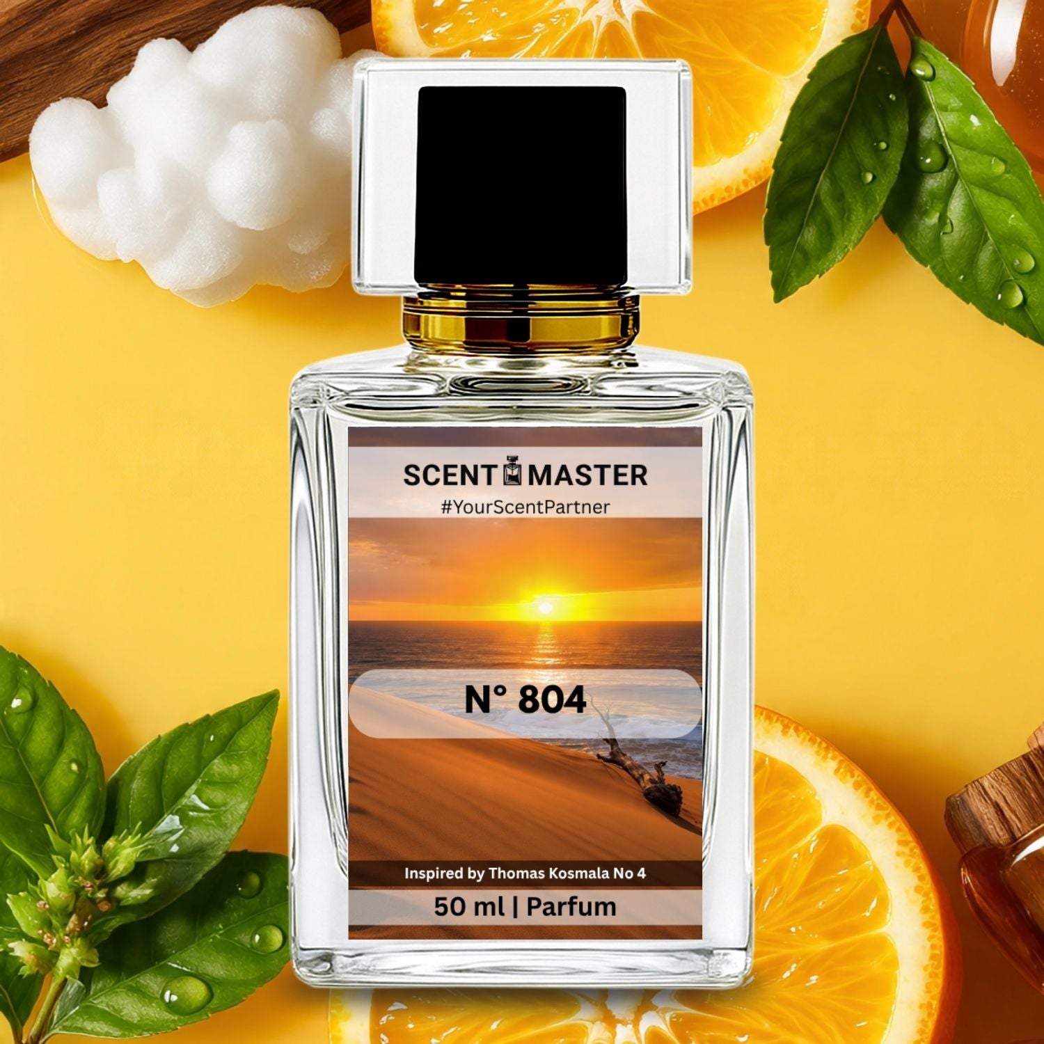 Perfume bottle labeled 'No 804 by Scent Master' with orange slices and leaves on a yellow background
