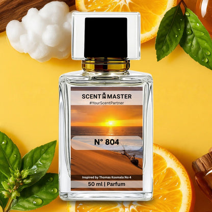 Perfume bottle labeled 'No 804 by Scent Master' with orange slices and leaves on a yellow background