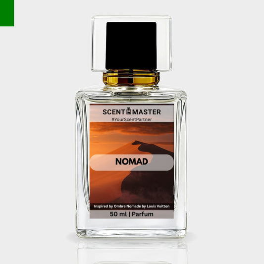 Perfume bottle labeled 'Nomad' by Scent Master on a white background