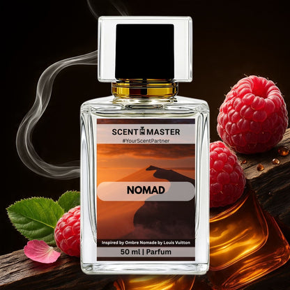 Perfume bottle labeled 'Nomad' by Scent Master with raspberries and leaves on a dark background