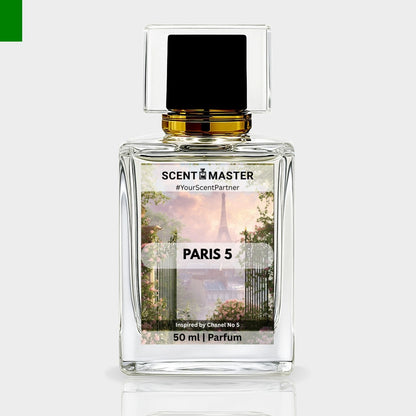 Perfume bottle labeled 'Paris 5' by Scent Master on a light gray background