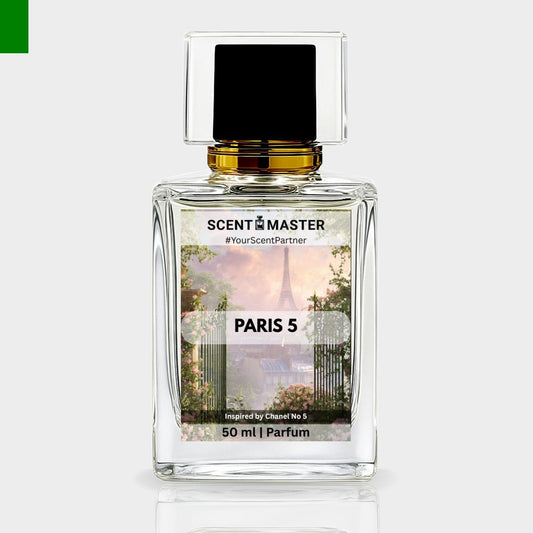 Perfume bottle labeled 'Paris 5' by Scent Master on a light gray background