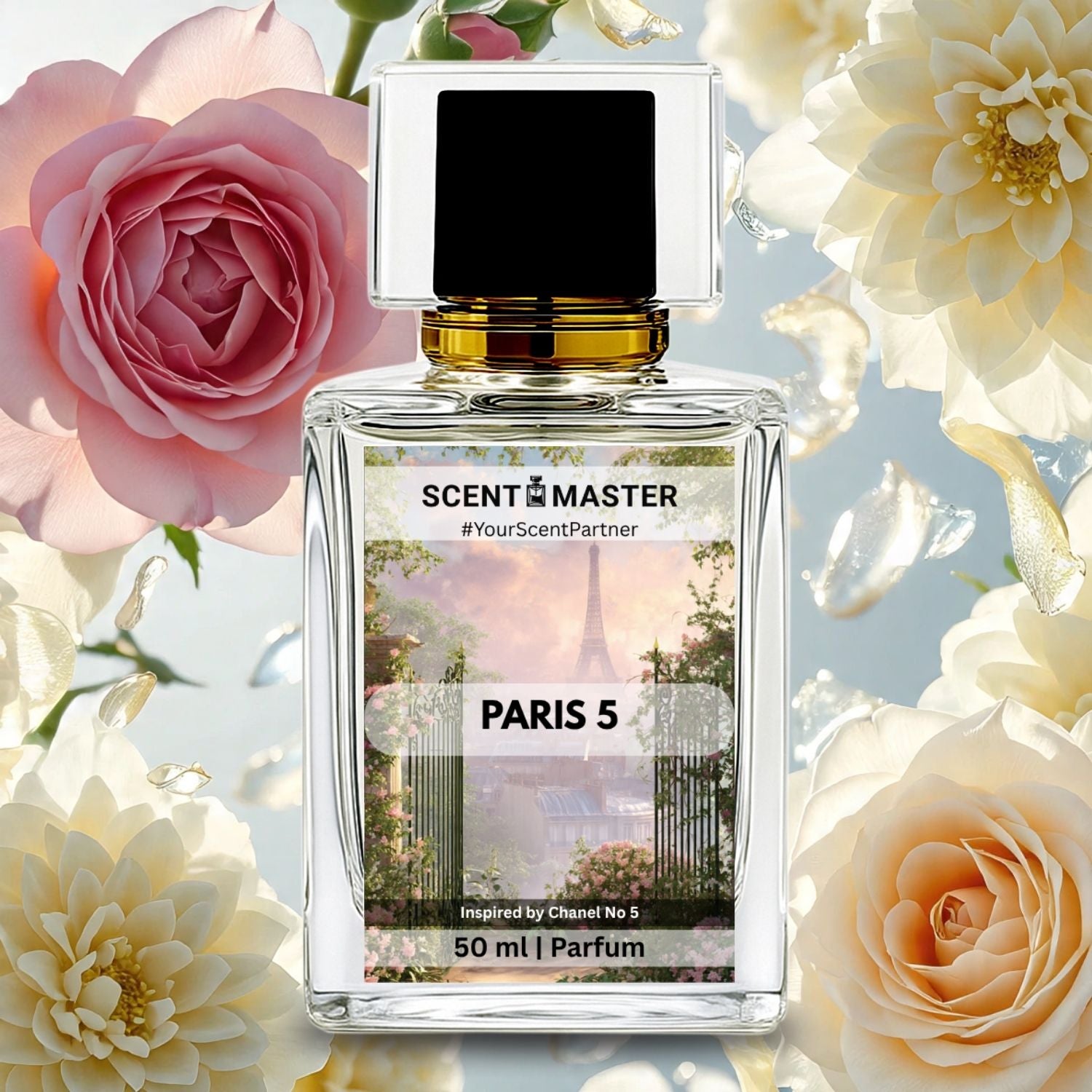 Perfume bottle labeled 'SCENT MASTER PARIS 5' surrounded by flowers